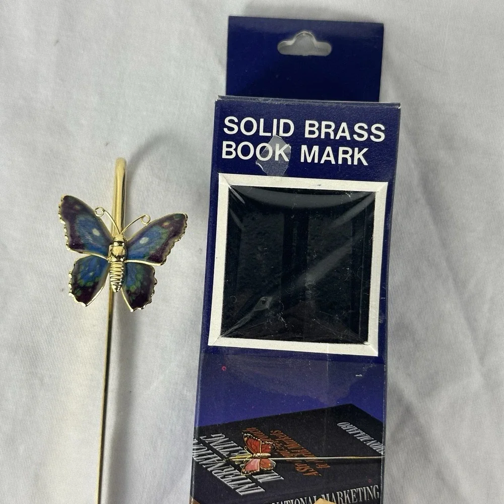 Vintage Solid Brass‎ Butterfly Bookmark Blue Enamel Book Mark w/ Box